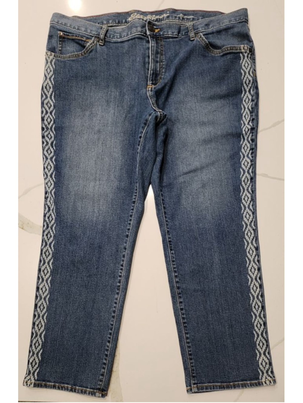 Eddie Bauer Boyfriend Jeans Women’s 16 Blue Denim with White Embroidered Sides